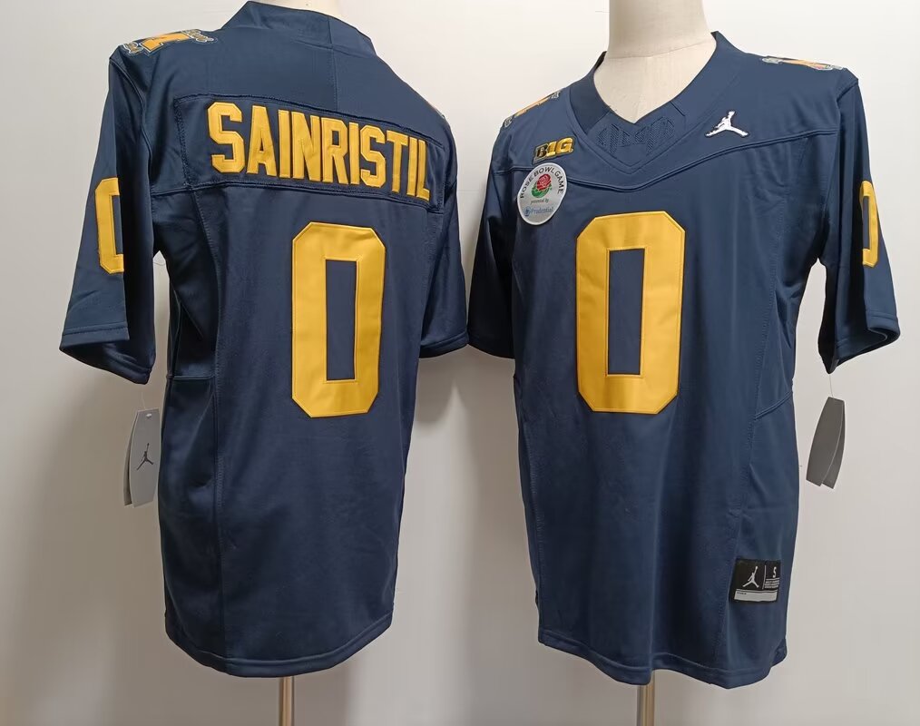 2024 NCAA Men Michigan Wolverines 0 Mike Sainristil blue nike jersey